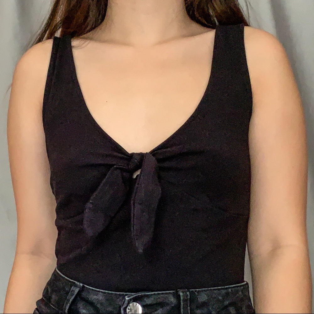 black bodysuit with tie/knot and keyhole